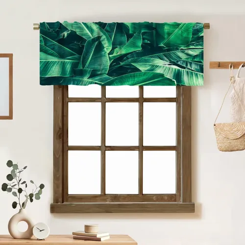 Vista 15 de Cortina de cenefa de hojas verdes tropicales, diseño de hojas de palmera, cenefa con bolsillo para barra, 1 panel, cortinas cortas para cocina