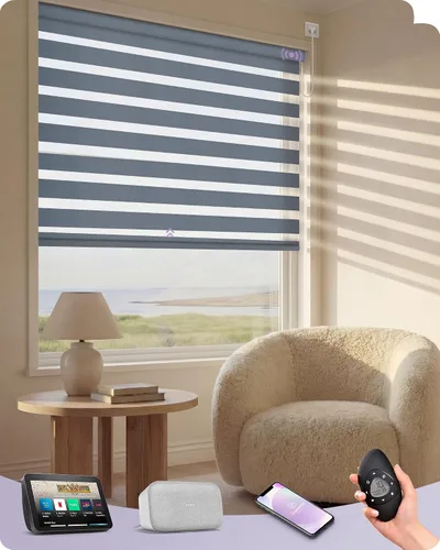 Vista 19 de Graywind Persianas motorizadas de cebra para ventanas, persianas inteligentes 100 % opacas con control remoto, persianas de cebra personalizadas