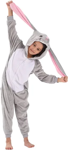 Vista 2 de HIBCIGA Disfraz de mameluco para niños, cosplay de animales para niños y niñas, Halloween, cálido, de felpa, de una pieza, conejo gris