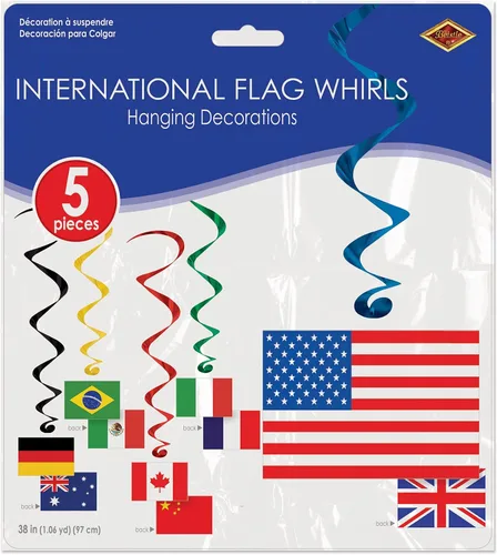 Vista 5 de Beistle 5 espirales colgantes de bandera internacional (paquete de 2) – verde, rojo, azul, amarillo – plástico y cartulina