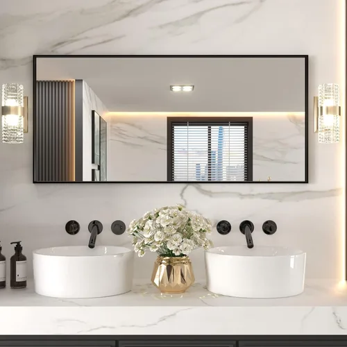 Vista 26 de LOAAO Espejo de Baño de Pared Rectangular Negro de 20"X30", Marco de Aleación de Aluminio Negro Mate, Vidrio Templado, se Cuelga Vertical u