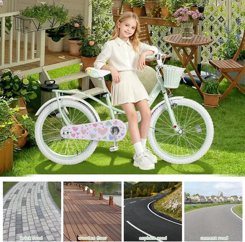 Vista 8 de Bicicleta de 20 pulgadas para niñas con canasta, bicicleta para niños de 7 a 12 años, bicicleta de crucero de playa verde y rosa para niñas, frenos