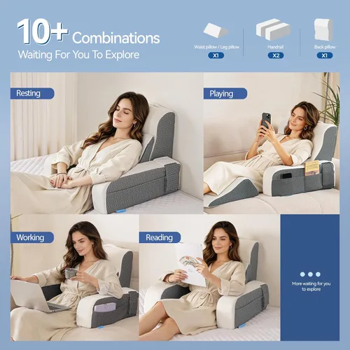 Vista 4 de Kayfia Almohada de lectura, almohada de espalda 10 en 1 para cama sentada con reposabrazos desmontable, almohada de respaldo con espuma