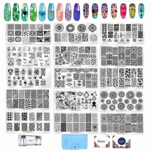 Vista 16 de Biutee - Juego de 10 placas de estampado de uñas, diseño de Halloween, kit de estampado de uñas 14 piezas
