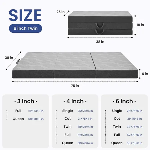 Vista 2 de Colchón plegable de espuma viscoelástica de 6 pulgadas, color gris Colchón plegable tamaño Queen, sofá cama plegable con funda lavable, colchón
