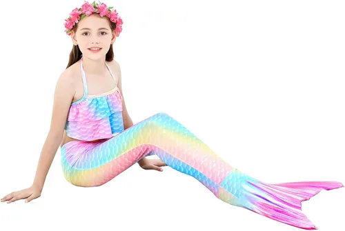 Vista 2 de XICHONG Traje de baño de sirena para niñas, 4 piezas