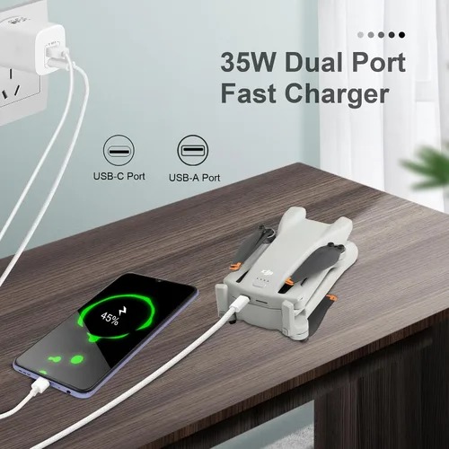 Vista 3 de Cargador USB-C de doble puerto de 35 W con cable de carga de 6.6 pies para DJI Neo, Mini 4 Pro, 3, 2, 2 SE, Mavic Mini Drone, Aavta 2, Action 3, 4