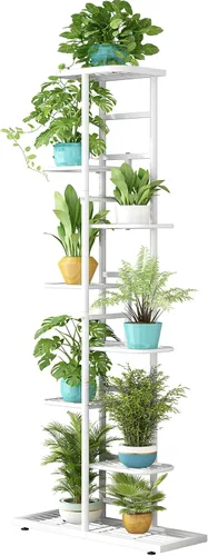Vista 22 de LINZINAR Soporte de metal para plantas de 4 niveles y 5 macetas, estante múltiple para macetas para interiores y exteriores, unidad de estantería