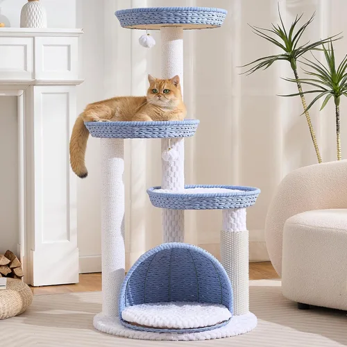 Vista 9 de HITTITE Moderna torre de árbol para gatos con poste rascador, torres para gatos de 46 pulgadas de alto con nidos y cueva tejidos, árbol para gatos