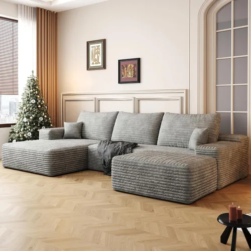 Vista 29 de Sofá modular moderno de 96 pulgadas para sala de estar, sofá modular tapizado sin hueso con bolsillos, cómodo sofá nube con diván en forma de L Negro