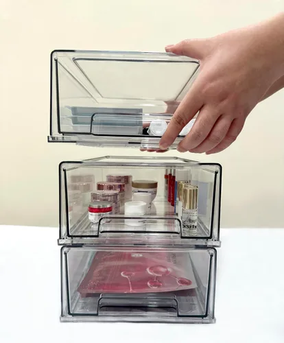 Vista 8 de Cajones de almacenamiento apilables, organizador extraíble transparente con asas y almohadillas antideslizantes para cocina, refrigerador