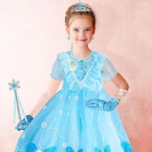 Vista 6 de Chuarry Vestido de disfraz de Elsa para niñas, accesorios de disfraz de princesa, para Navidad, cumpleaños, fiesta, cosplay