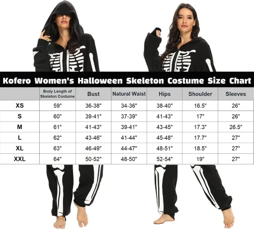 Vista 5 de Kofero Disfraz de esqueleto para mujer, disfraz de Halloween para adultos, talla grande, cómodo, pijama mameluco para niña, fiesta de cosplay