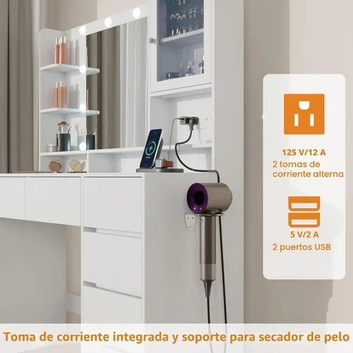 Vista 5 de Escritorio de tocador con espejo y luces, mesa de tocador de maquillaje con 6 cajones y 3 estantes de almacenamiento, toma de corriente y taburete