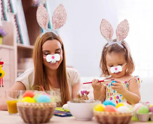 Vista 6 de eyigylyo Kit de disfraz de conejo de Pascua, diadema de conejo, diadema de conejo, cabeza de conejo, nariz, cola de conejo, accesorio