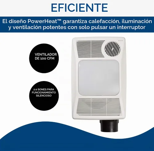 Vista 3 de Broan 100HL Ventilador de baño, 100 CFM para conductos de 4" con luz incandescente máxima de 100W (no incluida) y calentador - Blanco