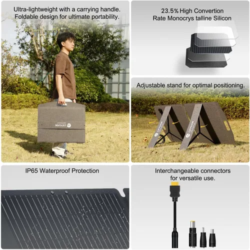 Vista 4 de LVYUAN Panel solar portátil de 100 W para estación de energía, panel solar plegable 23.5% monocelda con ETFE, IP65 P-PERC con adaptador 4 en 1