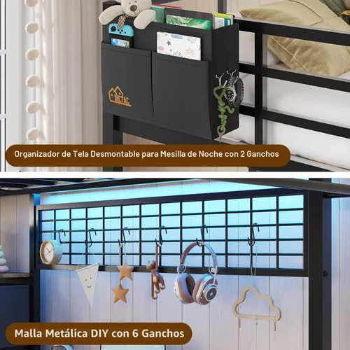 Vista 7 de DICTAC Cama alta individual con escritorio en forma de L y 7 cajones de almacenamiento, cama alta de metal tamaño individual para niños con luces