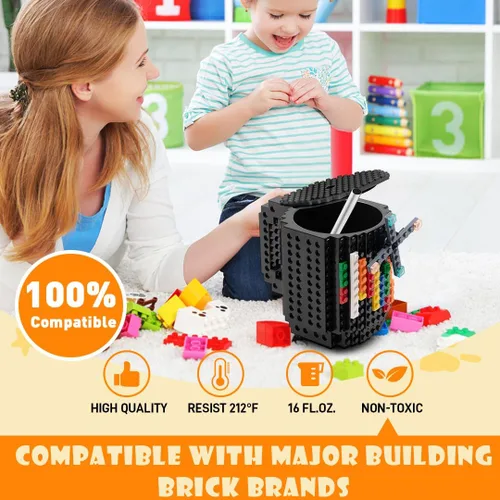 Vista 3 de FUBARBAR Taza de café de ladrillo – Divertida taza novedosa con tapa y pajilla, taza de juguete de bloque de construcción, idea de regalo