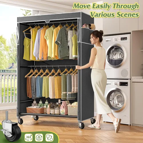 Vista 2 de Raybee Perchero de ropa de 80.32" de altura con cubierta, percheros de ropa rodantes para colgar ropa con ruedas, perchero portátil resistente