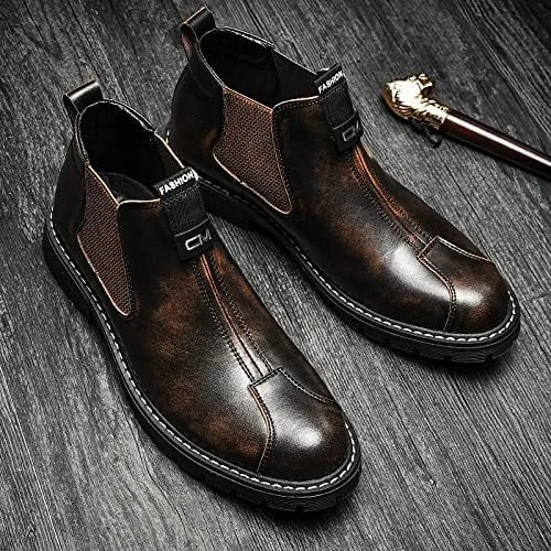 Vista 6 de Botas Chelsea para hombre, zapatos de cuero Oxfords de vestir para hombre, formal, casual, para el trabajo, a la moda, negro, marrón