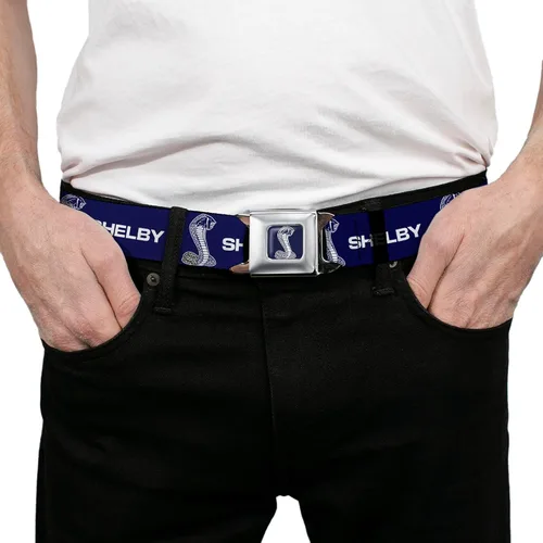 Vista 3 de Buckle-Down Carroll Shelby - Cinturón con hebilla para cinturón de seguridad, Shelby Super Snake Cobra azul marino y blanco, ajustable para hombre