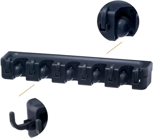 Vista 6 de Superio Soporte de pared para fregona y escoba (negro) Herramientas de limpieza Organizador de pared, 5 ranuras para estante y 6 ganchos