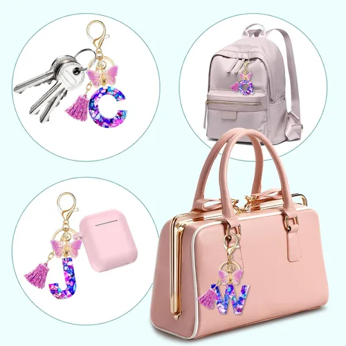 Vista 4 de LAXPICOL Llavero púrpura de la A a la Z para mujer, monedero, bolsos, resina, alfabeto inicial, letra colgante con borla, bola de cristal