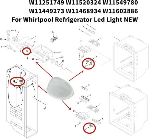 Vista 5 de Refrigerador llevó la luz del congelador W11251749 W11520324 W11549780 W11449273 W11468934 W11602886 para el refrigerador de Whirlpool llevó la luz
