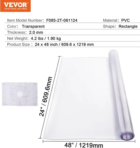 Vista 7 de VEVOR - Cubierta de mesa de plástico, 24 x 48 pulgadas, 2.0 mm de grosor, tapete de escritorio de PVC transparente protector, mantel de mesa