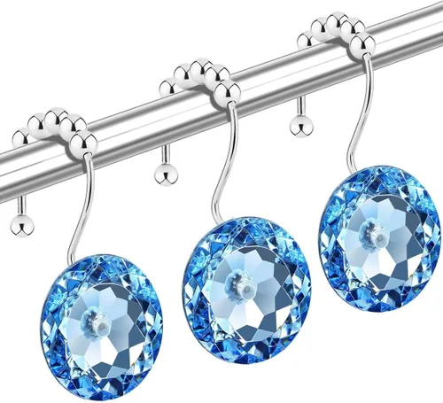 Vista 12 de Ganchos de cortina de ducha de cristal negro con diamantes para baño, 12 unidades, anillos de acero inoxidable plateados a prueba de óxido, colgador