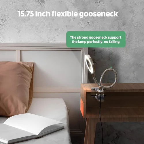 Vista 3 de GLORIOUS-LITE Luz LED con clip, lámpara de lectura de 36 LED para cuidado de los ojos para dormitorio, cuello de cisne flexible de 360° con 4 modos