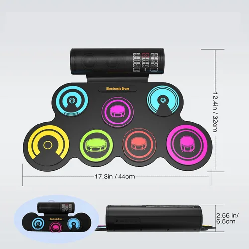 Vista 5 de Juego de batería electrónica de 7 almohadillas (arco iris), kit de batería enrollable con baquetas, batería eléctrica, almohadilla electrónica