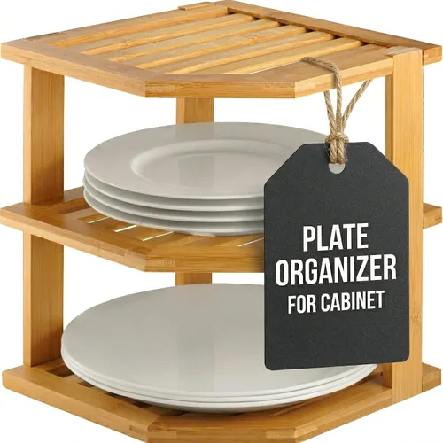 Vista 11 de Paquete de 2 organizadores de platos para gabinete, estante esquinero de bambú para almacenamiento de cocina o baño, estante que ahorra espacio