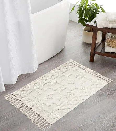 Vista 6 de Uphome Alfombra de Baño Bohemia de 2' x 3', Alfombras Pequeñas de Dormitorio Estilo Granja Lavables con Borlas, Tapetes de Baño Geométricos Beige