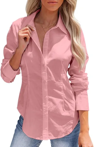 Vista 8 de Camisas con botones para mujer, camisas de vestir de manga larga, sin arrugas, cuello para el trabajo, oficina, blusas sólidas, blusas ajustadas