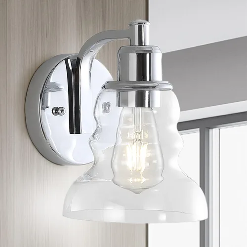 Vista 6 de JONATHAN Y Lámpara de tocador de 6.5 pulgadas con pantalla de cristal transparente, estilo industrial rústico y moderno cromado, aplique de pared