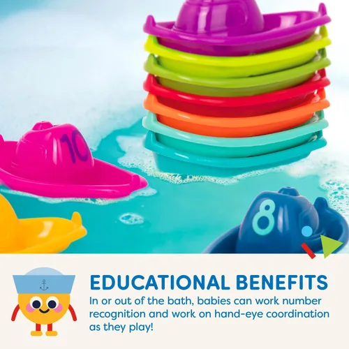 Vista 4 de Battat 10 botes de baño apilables - Horario de baño numerado y apilable - Juguetes flotantes para el baño, piscina, playa - Juguetes educativos