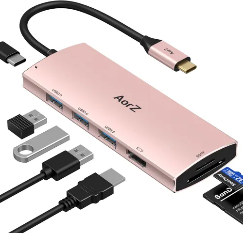 Vista 9 de Hub USB C, concentrador USB a HDMI multipuerto Aorz USB C adaptador 7 en 1 con salida HDMI 4K, 3 puertos USB 3.0, lector de tarjetas SD/Micro SD