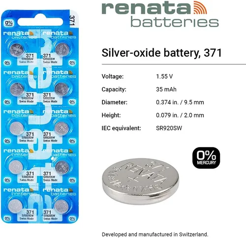 Vista 2 de Renata 371 SR920SW Baterías – 1.55 V Óxido de Plata 371 Batería de reloj (2 unidades)