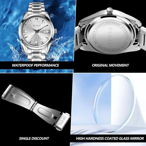 Vista 5 de Taxau Relojes analógicos de cuarzo para hombre, relojes de acero inoxidable con cara grande para hombres, relojes de pulsera para hombre con fecha