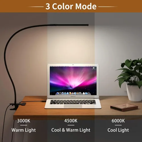 Vista 2 de Mojimdo Lámpara LED de escritorio con abrazadera, lámpara de lectura LED regulable con cuello de cisne flexible, 3 colores y 10 lámparas