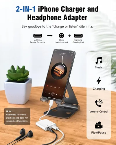 Vista 6 de Apple MFi Certificado - Adaptador 2 en 1 Lightning a conector de auriculares de 3.5mm, cargador rápido y divisor de audio auxiliar dongle