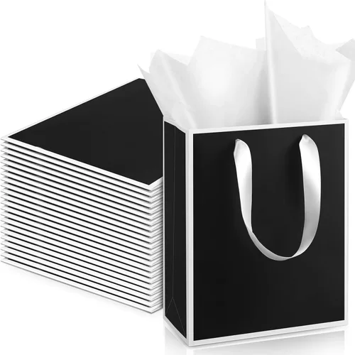 Vista 12 de Yeaqee Paquete de 24 bolsas de regalo de papel metálico con asa y tejido de 9 x 7 x 3.1 pulgadas, papel de aluminio dorado, bolsas de agradecimiento