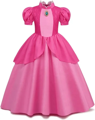 Vista 4 de Fidhig Super Bro - Disfraz de princesa melocotón para niña, para Halloween, carnaval, cosplay, fiesta, color rosa