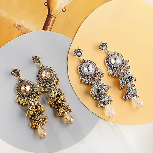 Vista 3 de Jhumka Jhumki - Aretes colgantes de borla vintage con cuentas étnicas indias, bolas de campana, aretes tradicionales oxidados antiguos para mujeres
