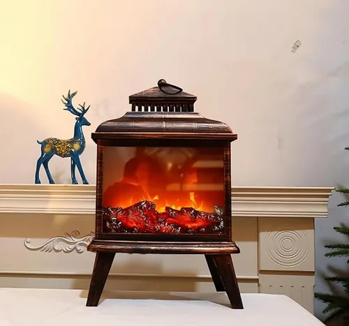 Vista 35 de Farol de chimenea pequeño y acogedor tradicional realista con efecto de llama de leña, luz LED, estilo carbón, lámpara de mesa