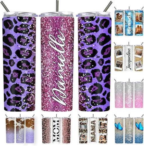 Vista 16 de Vaso delgado personalizado con purpurina con tapas y popotes, nombres, vasos de acero inoxidable personalizados con imagen para mujeres, hombres