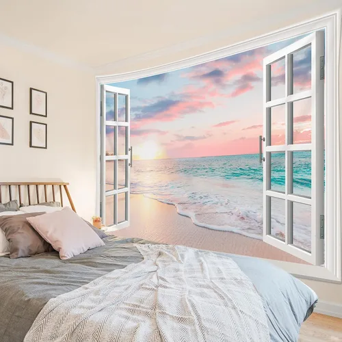 Vista 15 de HVEST Tapiz de playa para colgar en la pared, paisaje tropical azul océano, tapiz natural para dormitorio, palmera verde con cielo azul, nube