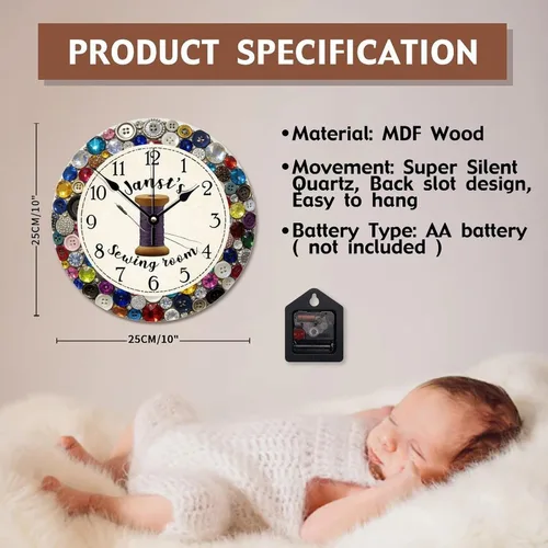 Vista 8 de ArogGeld Reloj de pared personalizado para sala de costura, botón de joya de color, 10 pulgadas, reloj de sala de manualidades, funciona